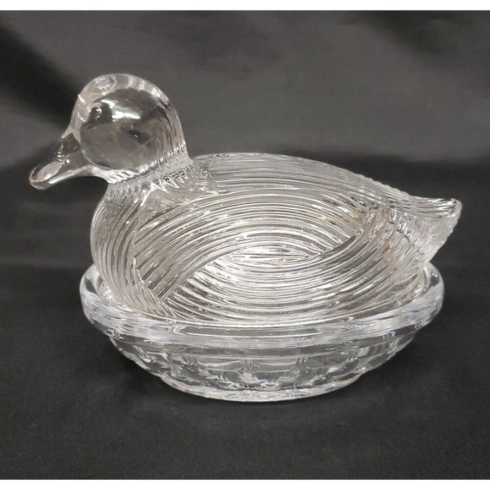 NEW Martha Stewart Clear Glass Duck on Nest Covered Candy Dish Basketweave
